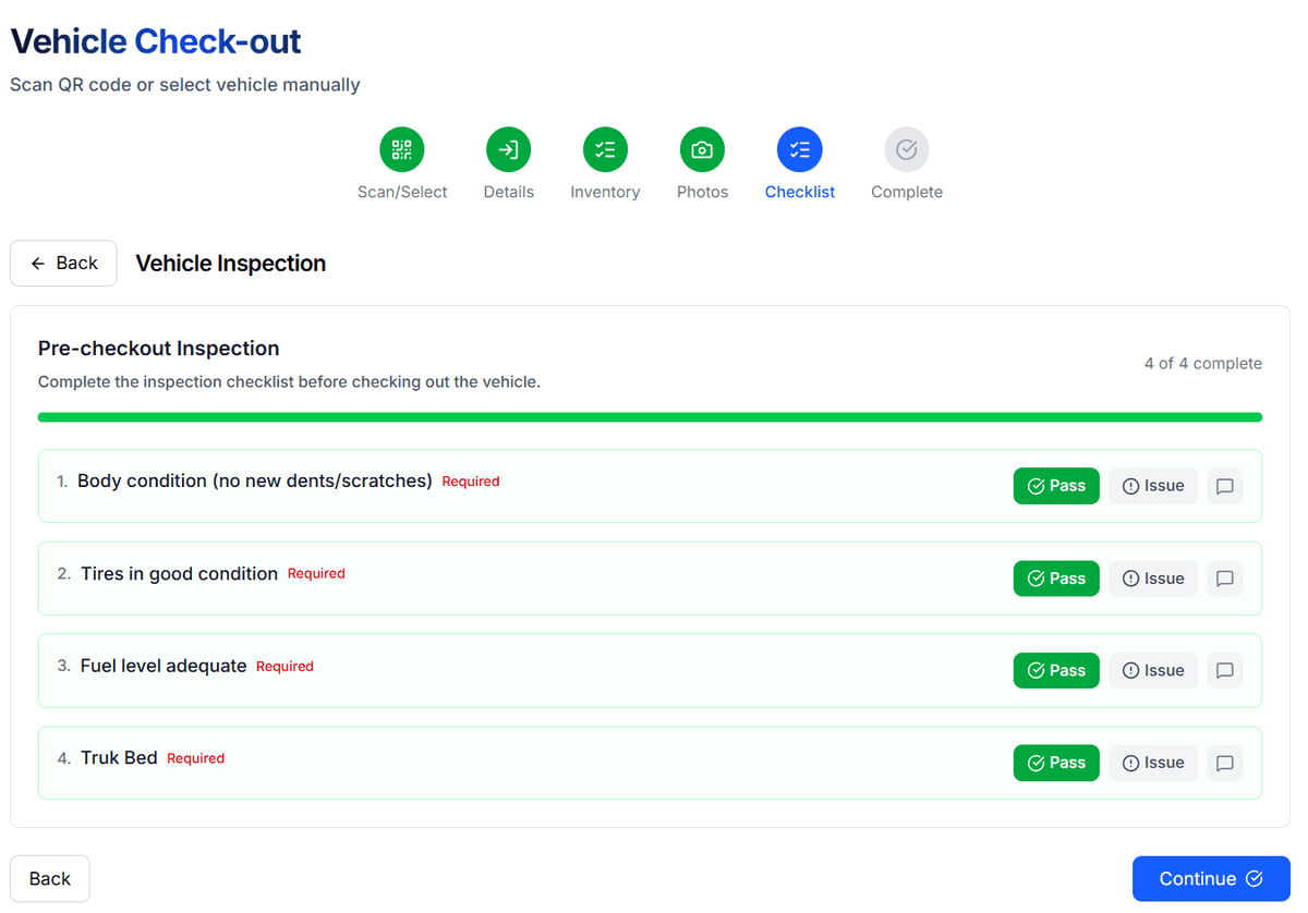 VehiX360 vehicle inspection checklist on mobile device